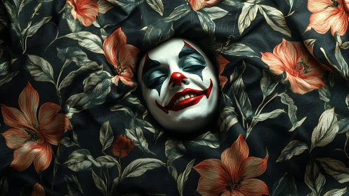 Clown mask emerges through dark floral fabric with cinematic lighting