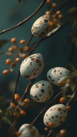 Macro study of speckled bird eggs on branch with berries.