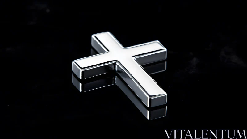 Shiny Silver Cross on Glossy Black Background, Modern Style.