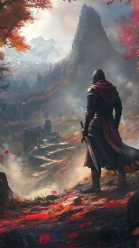 Hooded knight surveys volcanic mountain path in autumn haze