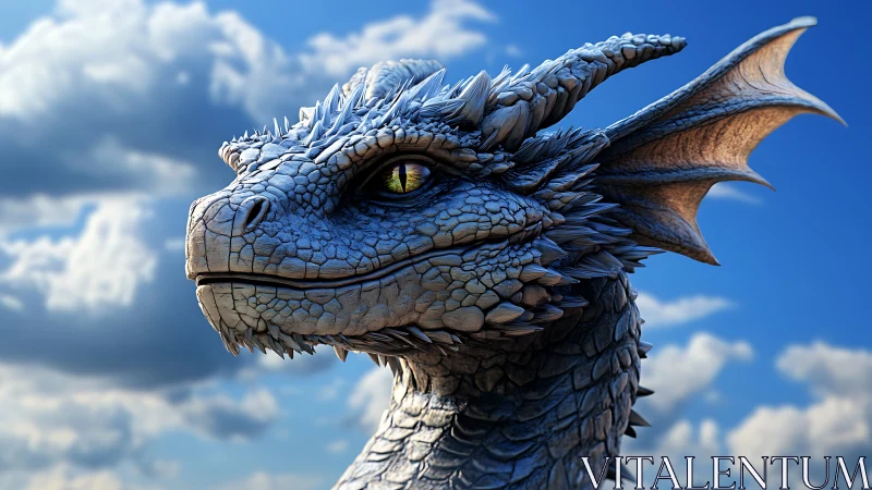 Blue dragon portrait under bright summer sky, hyperreal render.