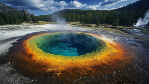 Radiant geothermal spring glows beneath dramatic mountain sky