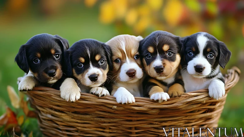 Snuggly basket of bright-eyed puppies sharing cozy cuddles.
