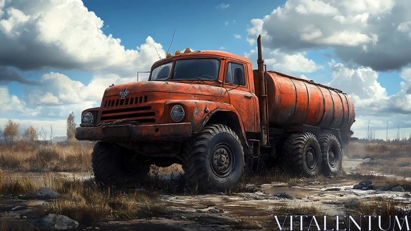Rusty orange tanker truck stands in muddy rural landscape