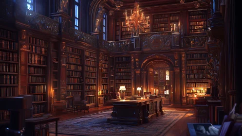 Opulent baroque library interior rendered in warm digital light