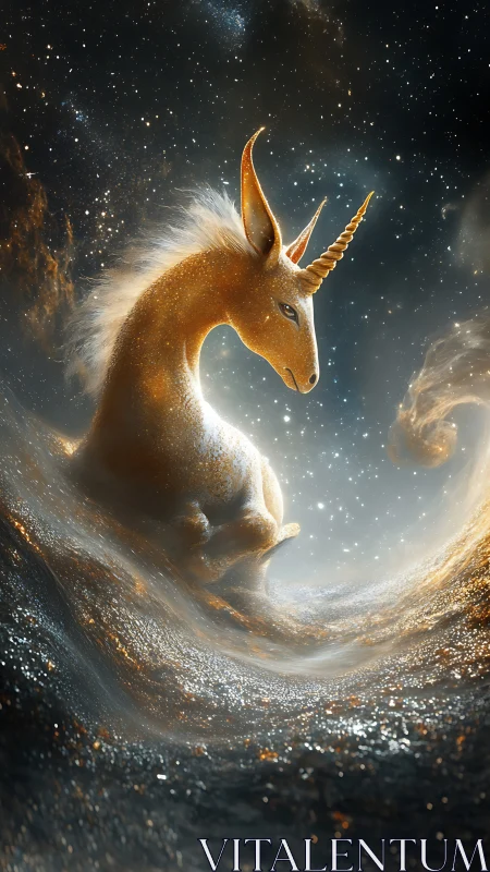 Celestial golden unicorn drifts through luminous cosmic dust.