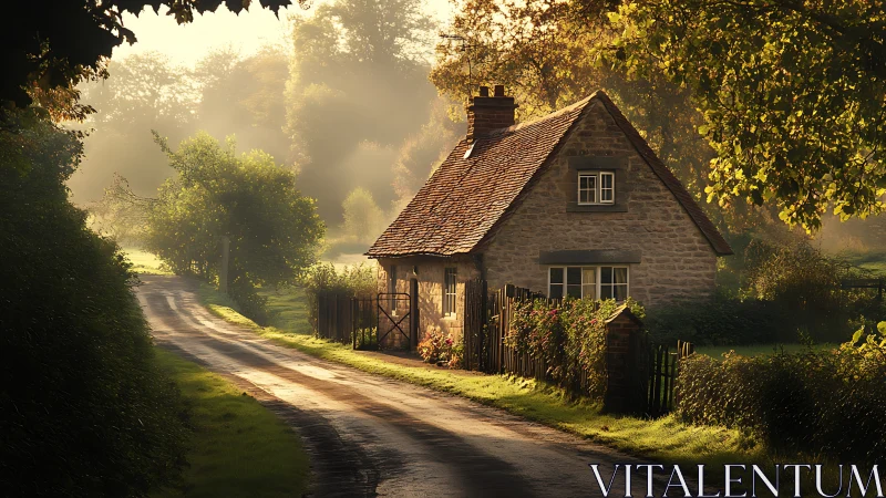 Sunlit country cottage beside winding rural lane.