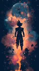 Saiyan silhouette ascends through cosmic nebula glow.