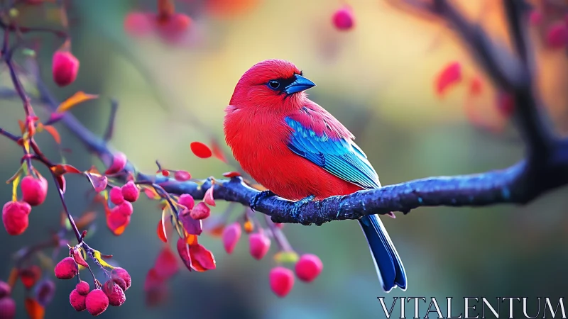 Vibrant red and blue bird on branch, colorful nature photography.