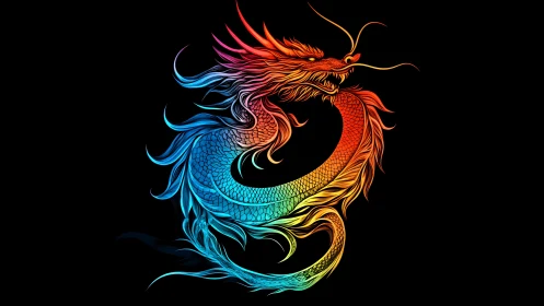 Vibrant multicolor dragon illustration on black background.