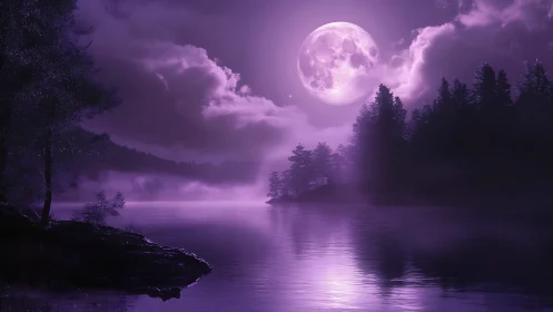Violet moonrise over misty forest lake in dramatic silhouette.