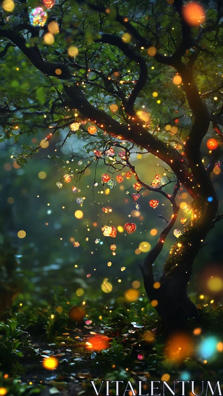 Enchanted forest tree glowing with hanging crystal lights.