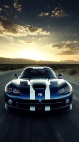 Blue racing coupe stands on desert road at dramatic sunset