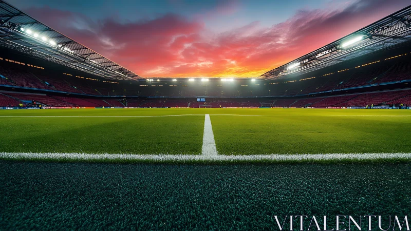 Sunset stadium pitch glows under bright match floodlights
