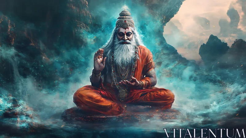 Mystic mountain sage floats in swirling turquoise cosmic mist.