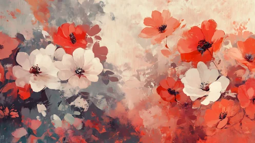 Crimson poppies and pale blooms waltz through misty color swirls