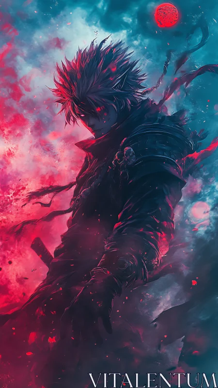 Stormlit warrior stands between crimson fire and cold night