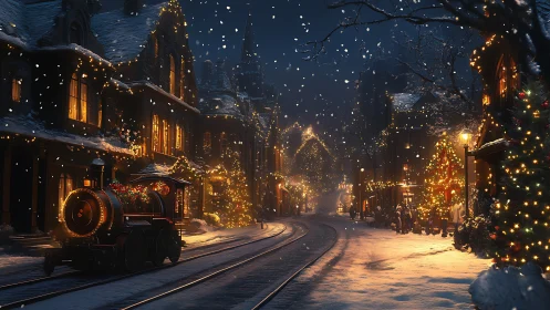 Snow-covered town street with lit train and buildings at night.