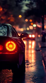 Sports car taillights glow over wet city street at dusk.