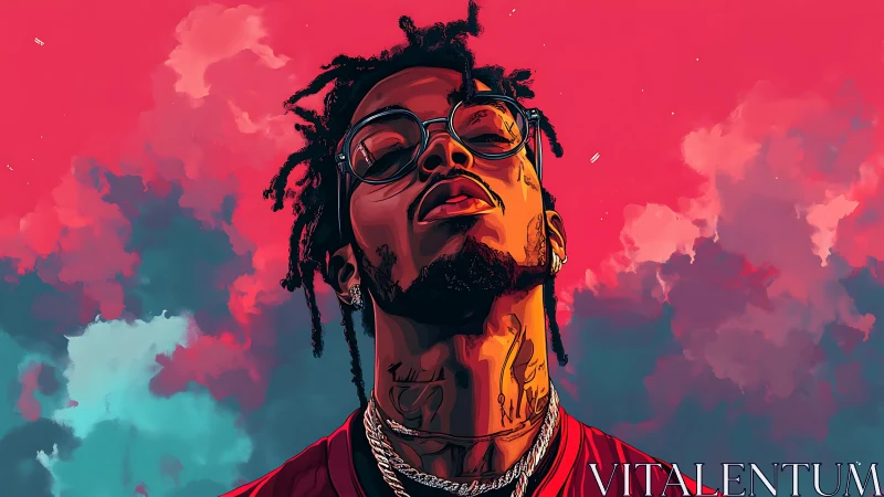 Stylized male portrait with clouds in high contrast colors.