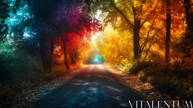 Straight forest road with multicolored illuminated foliage.