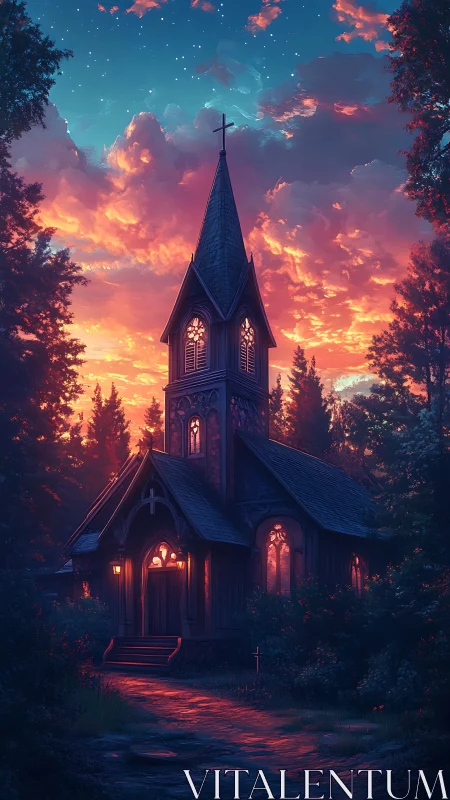 Gothic woodland chapel under volumetric sunset skyfield glow.