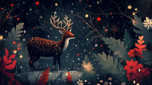 Starlit forest reindeer wandering through winter magic.