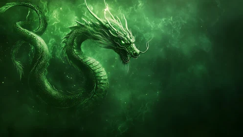 Emerald serpentine dragon coils through volumetric mist and glowing dust