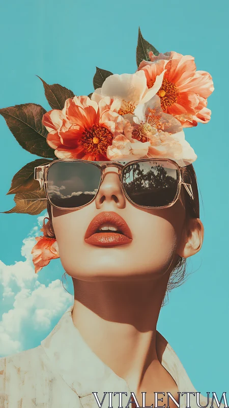 Portrait shows woman with floral headpiece and reflective eyewear