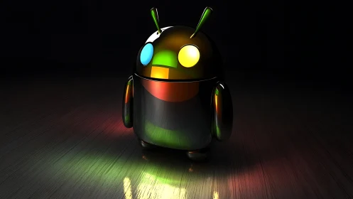 Chrome android mascot glows with neon reflections on floor.