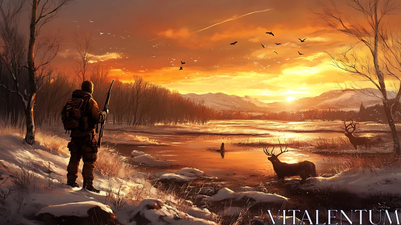 Hunter observing deer in snowy river valley at sunset.