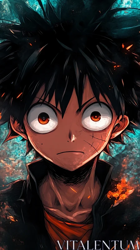 Intense anime boy stares ahead amid swirling embers