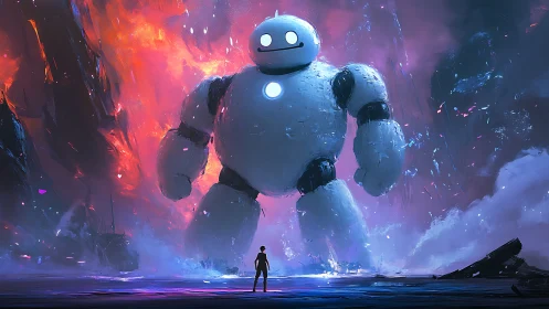 Colossal bubble-bot meets lone dreamer in neon stormscape.