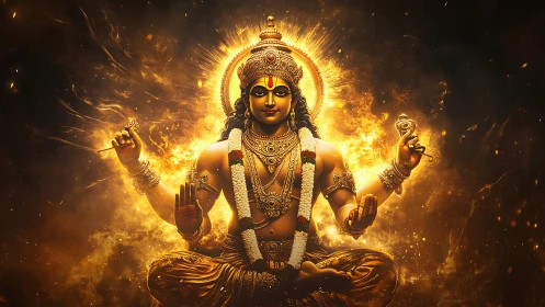 Radiant multi-armed deity glows within blazing golden aura.