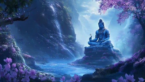 Serene blue deity statue in misty waterfall sakura valley