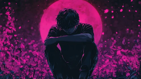 Solitary silhouette beneath neon moon in blossom field.