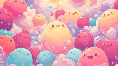 Floating spherical characters in pastel cloud environment.