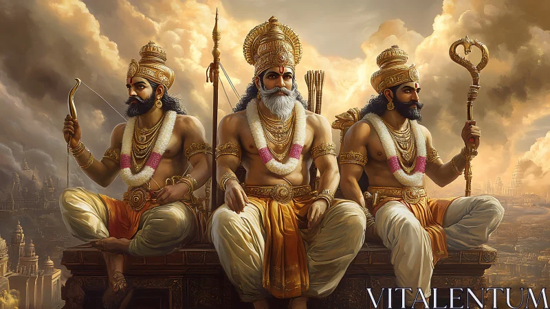 Mythic warrior triad crowns ancient golden skyline.