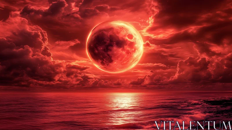 Red moon dominates stormy ocean horizon under glowing clouds