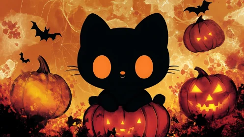 Black Cat and Jack-o'-Lanterns Against Textured Orange Background.