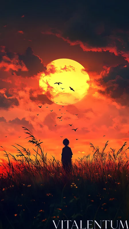 Solitary dreamer beneath a molten sunflower sky at dusk.