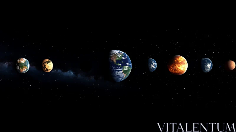 Planetary alignment portrays diverse Earthlike worlds in space.