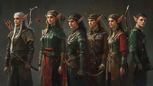 Six elf archers stand in detailed fantasy armor and clothing