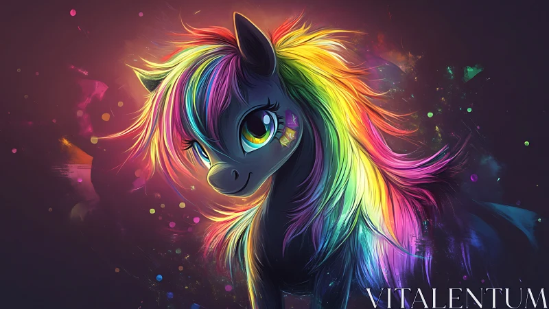 Colorful neon pony portrait with radiant rainbow mane.