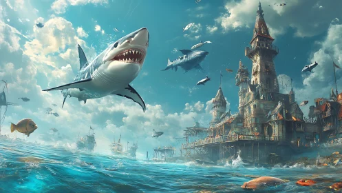 Levitating sharks over baroque seafront fortress under storm clouds.