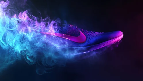 Neon running shoe with vapor trail on dark gradient background.