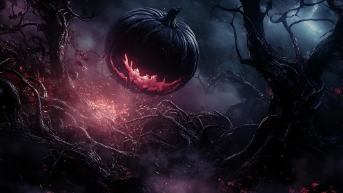 Dark jack o lantern floating in twisted haunted forest.