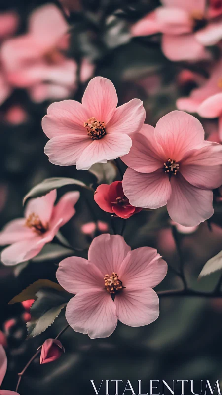 Soft Pink Cosmos Blooms in Shallow Depth Field.
