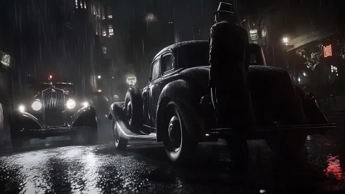 Rain-soaked noir street scene welcomes a shadowy encounter