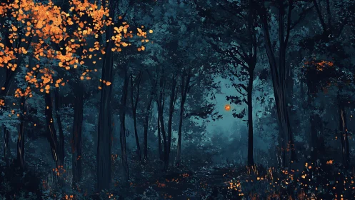 Dark Forest Path with Glowing Orange Lights